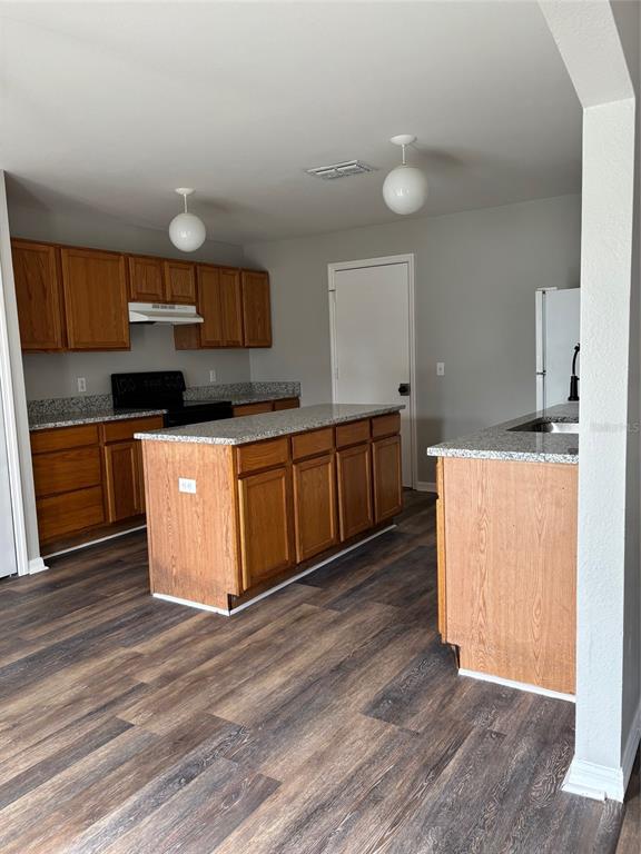 A kitchen features wood cabinets, granite countertops, an island, and dark wood-look flooring — 11102 SUMMER STAR DRIVE, RIVERVIEW, FL