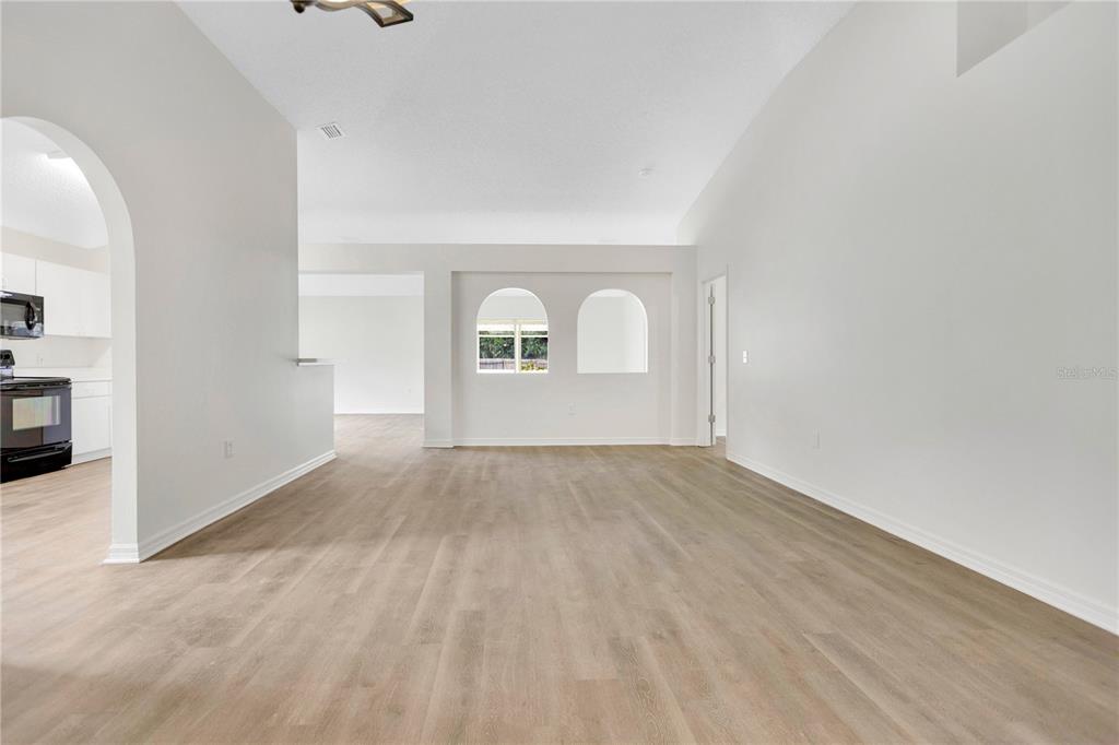A living room with light wood-look flooring, white walls, and two arched wall cutouts — 6203 VENEZIA PLACE, RIVERVIEW, FL