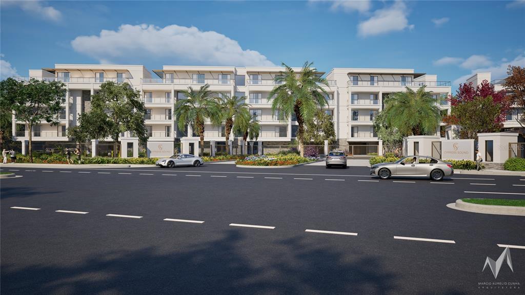 This architectural rendering shows the exterior of a multi-story apartment building with palm trees — 10009 CRISBERT COURT UNIT 305C, ORLANDO, FL