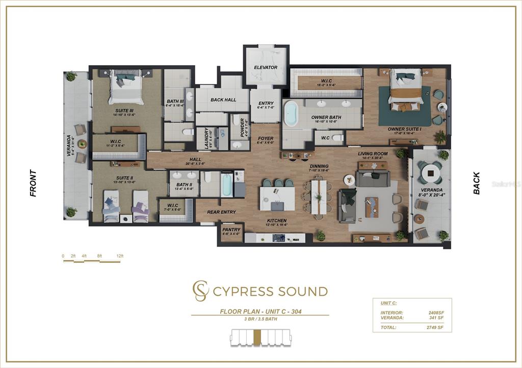 This is a floor plan for a three-bedroom, three-and-a-half-bath residential unit with two verandas — 10009 CRISBERT COURT UNIT 305C, ORLANDO, FL