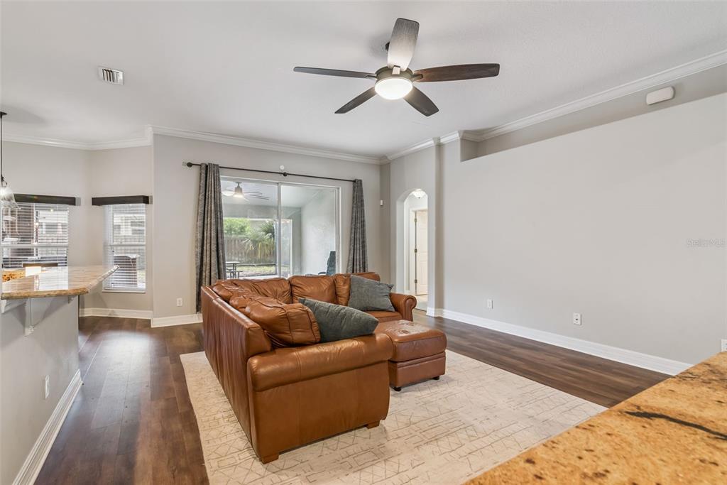 A living room features a brown leather sectional, a ceiling fan, and wood-look flooring — 242 BLUE WATER STREET, EUSTIS, FL