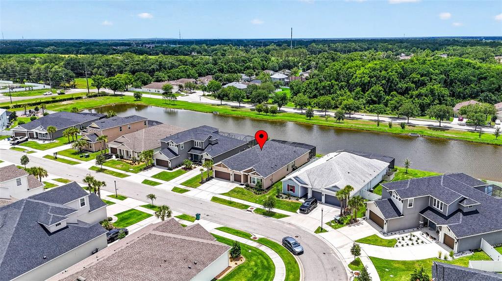 An aerial view shows a suburban neighborhood with houses situated along a small lake — 6946 TALAMORE DRIVE, WESLEY CHAPEL, FL