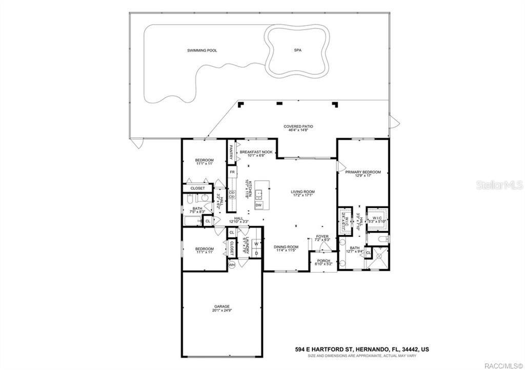 This floor plan shows a house with three bedrooms, a pool, and a covered patio — 594 E HARTFORD STREET, HERNANDO, FL