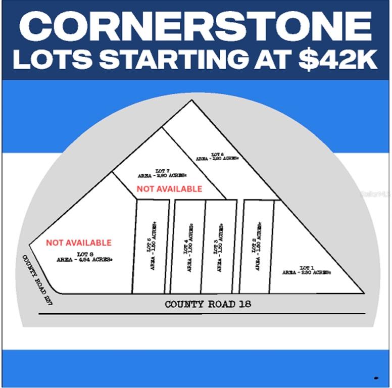 This is a map showing the layout and acreage of eight subdivided land lots — 20994 SW COUNTY ROAD 18 Lot 6, BROOKER, FL