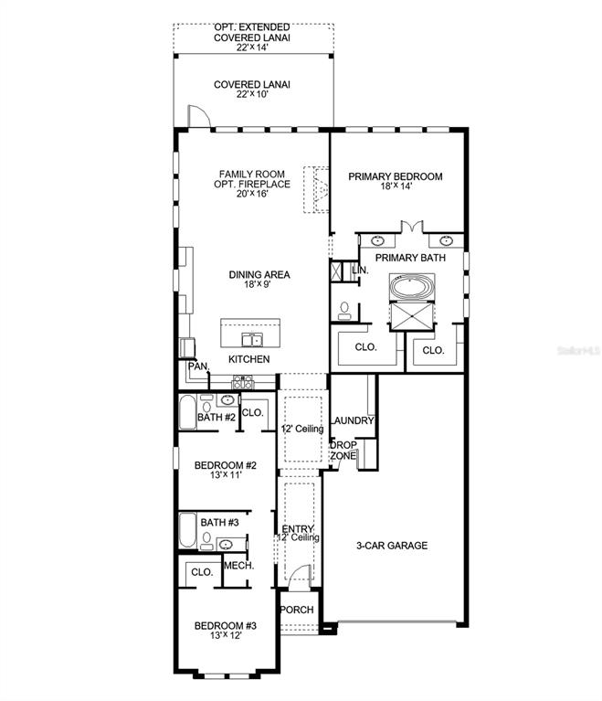 This floor plan shows a three-bedroom home with a three-car garage and a covered lanai — 9523 SANDY SHORES STREET, PARRISH, FL