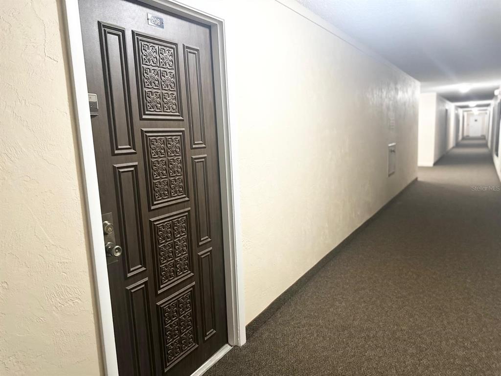 A dark brown door with decorative panels is located in a carpeted apartment hallway — 1415 OCEAN SHORE BOULEVARD UNIT B060, ORMOND BEACH, FL