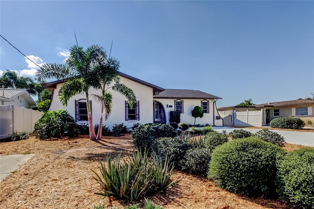 A single-story house with a white stucco exterior, a palm tree, and landscaped front yard — 212 WESTWINDS DRIVE, PALM HARBOR, FL