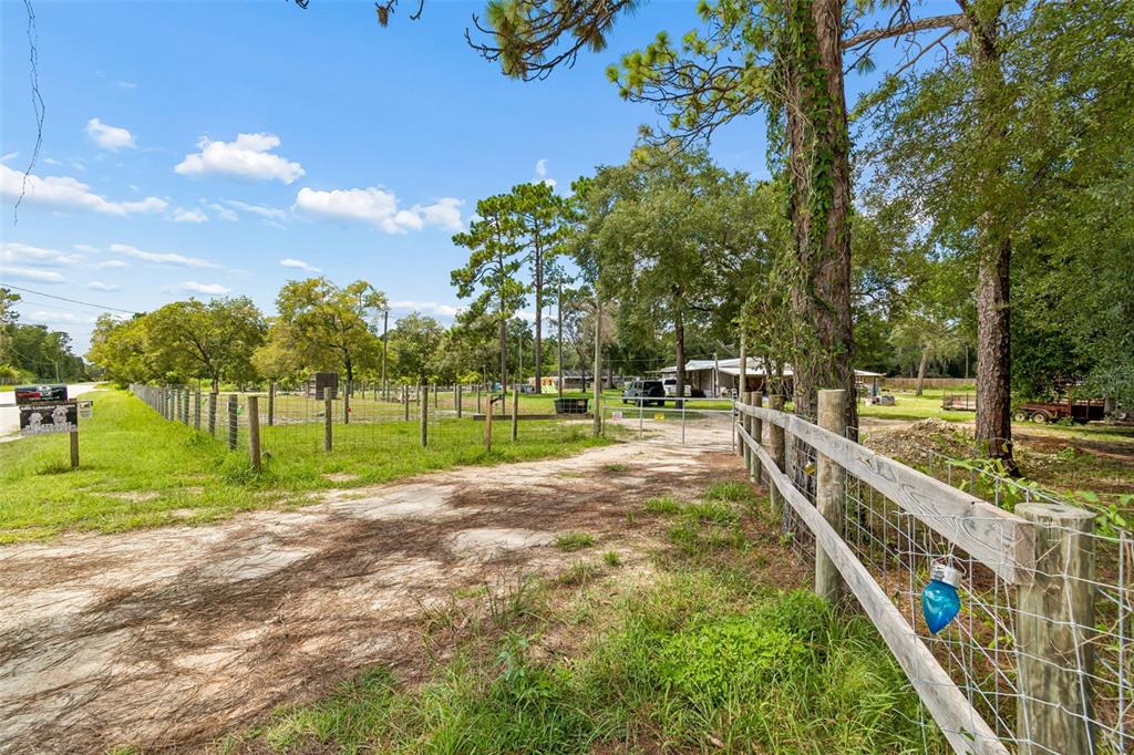 A dirt driveway leads through a gated fence toward a house surrounded by trees — 18020 RIGSBY ROAD, SPRING HILL, FL