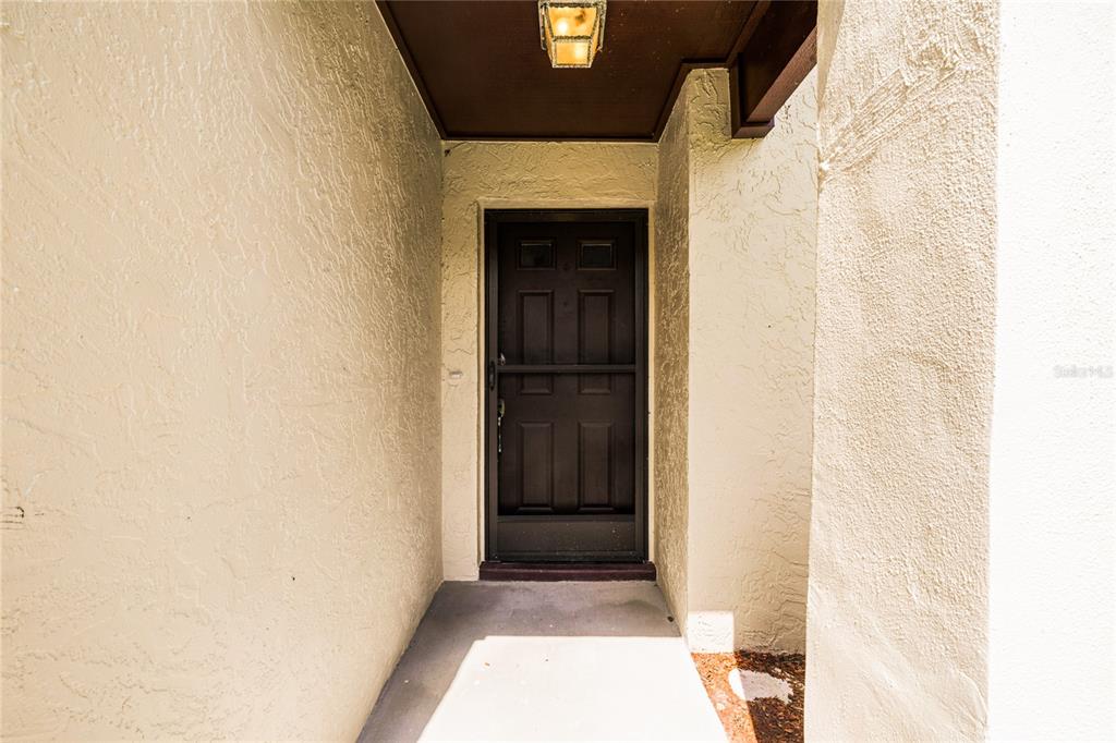 An exterior view of a recessed front entryway featuring a dark storm door and stucco walls — 101 GRAND PLAZA DRIVE UNIT D60, ORANGE CITY, FL