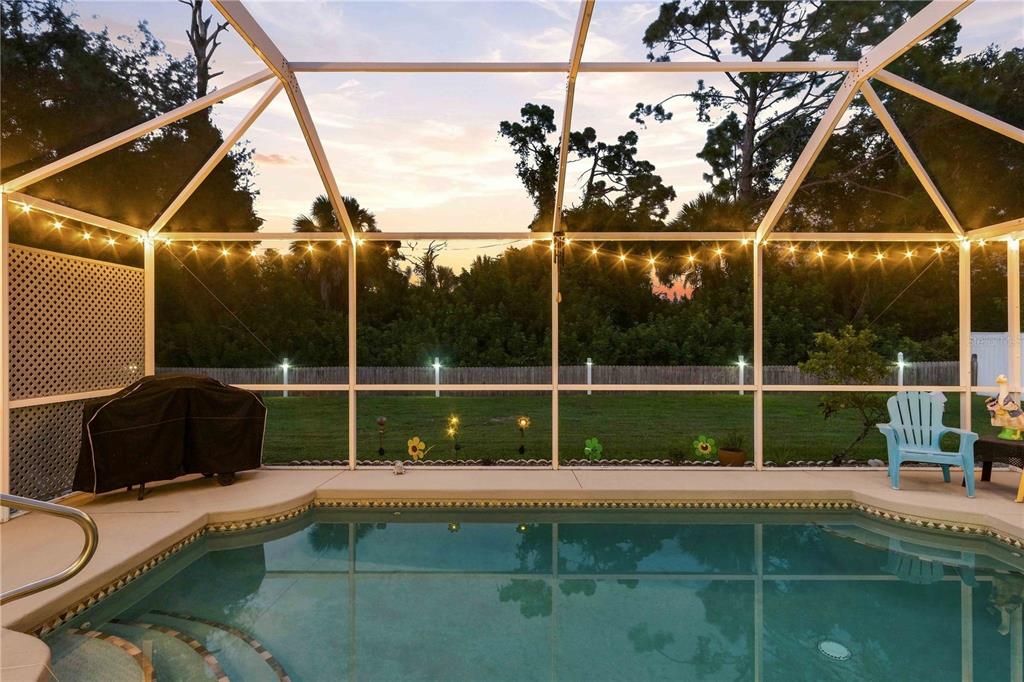 A screened-in swimming pool area with string lights, a grill, and a backyard view — 2144 SMYER AVENUE, NORTH PORT, FL
