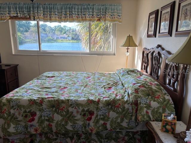 A bedroom features a floral bedspread, a wooden headboard, and a window overlooking a lake — 7561 HOLLY LAKE LANE, NEW PORT RICHEY, FL