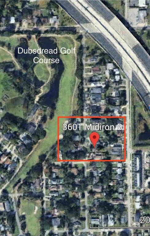This is an aerial map view showing a residential property adjacent to a golf course — 3601 MIDIRON DRIVE, WINTER PARK, FL