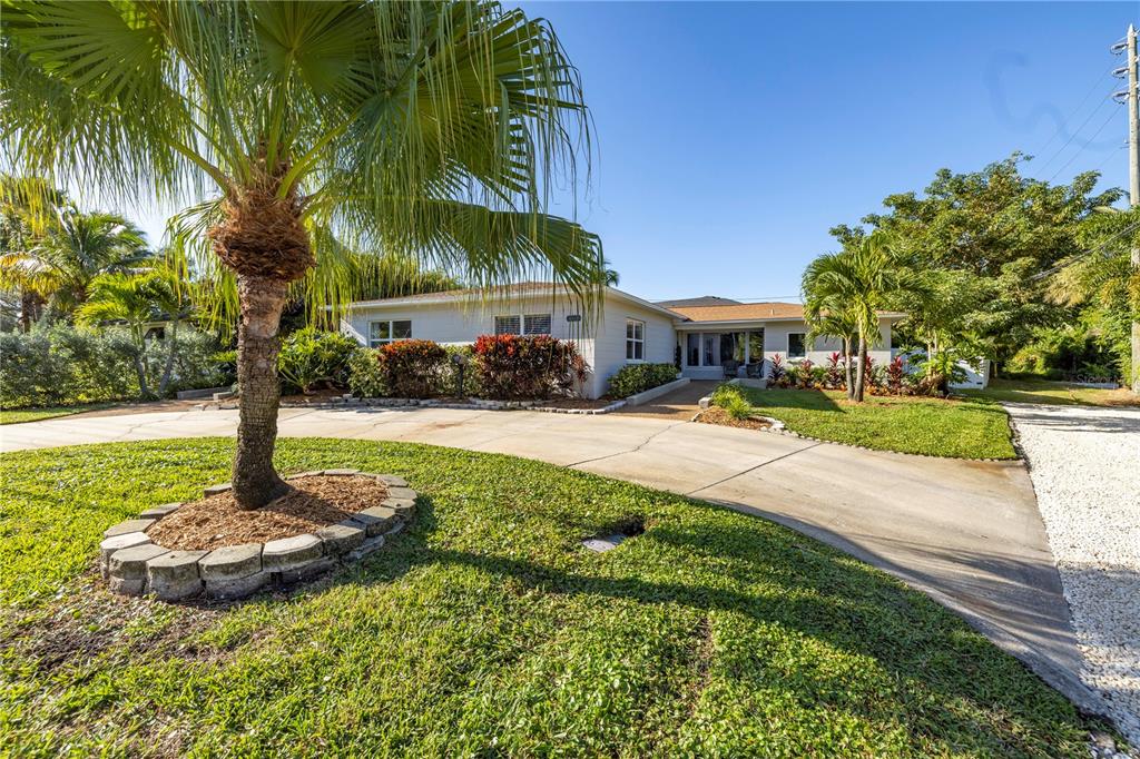 A single-story house with a curved concrete driveway and a palm tree in the foreground — 610 CORDOVA BOULEVARD NE, ST PETERSBURG, FL