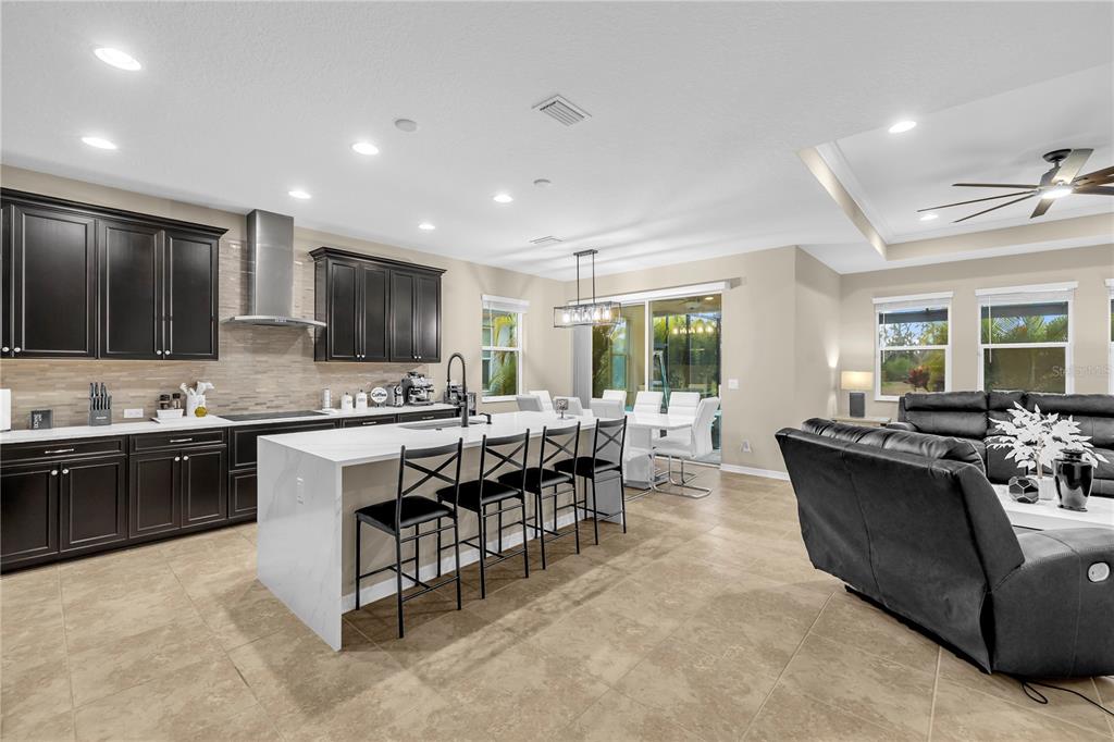 A modern open-concept kitchen with dark cabinets, a white island, and an adjacent living area — 1937 146TH TERRACE E, PARRISH, FL