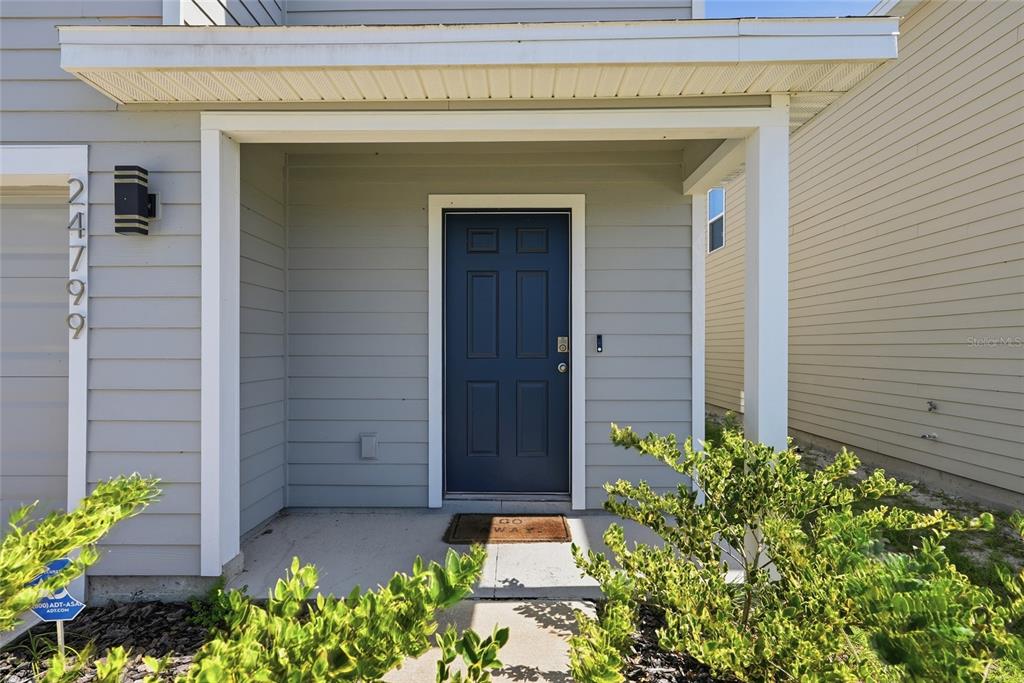 A front entrance with a blue door, light gray siding, and a small concrete porch — 24799 NW 11TH PLACE, NEWBERRY, FL