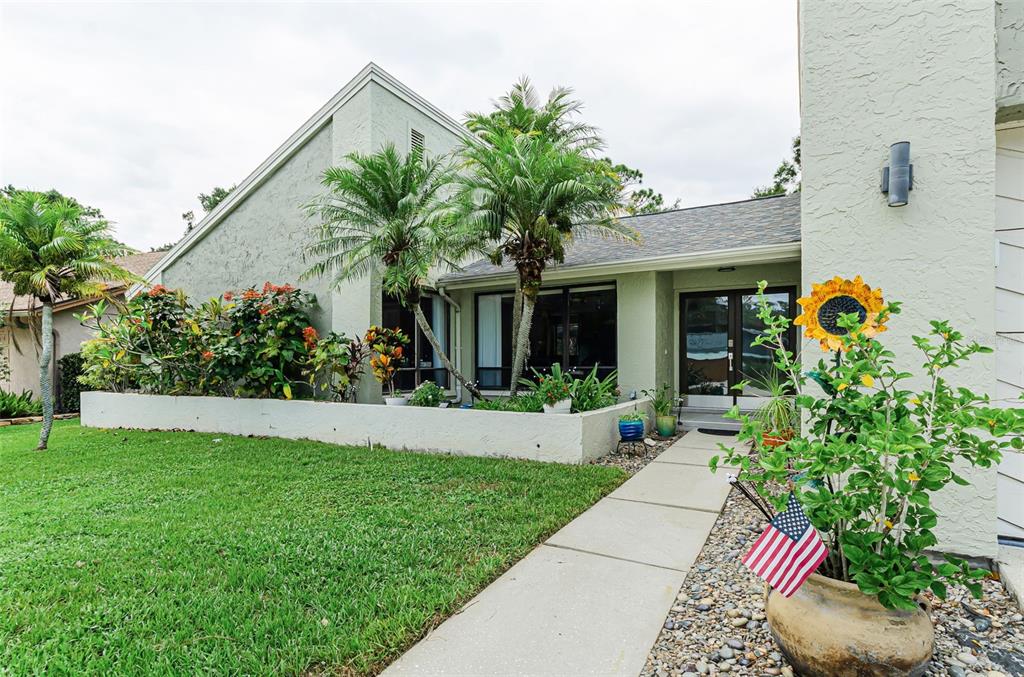 A light green house features a concrete walkway leading to a double-door entrance — 2063 BROOKSIDE DRIVE, SAFETY HARBOR, FL