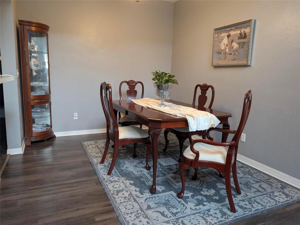 A dining room features a wooden table with four chairs, a curio cabinet, and area rug — 2717 NW 103RD WAY UNIT O, GAINESVILLE, FL