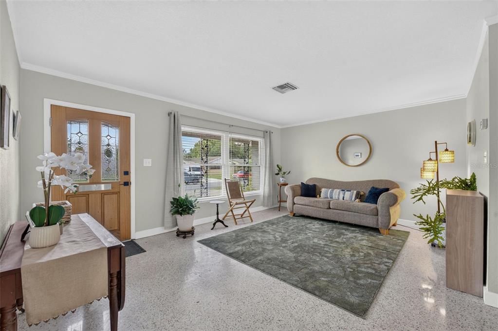A living room features a wooden front door, a grey sofa, and a large area rug — 619 MARSHALL STREET, ALTAMONTE SPRINGS, FL