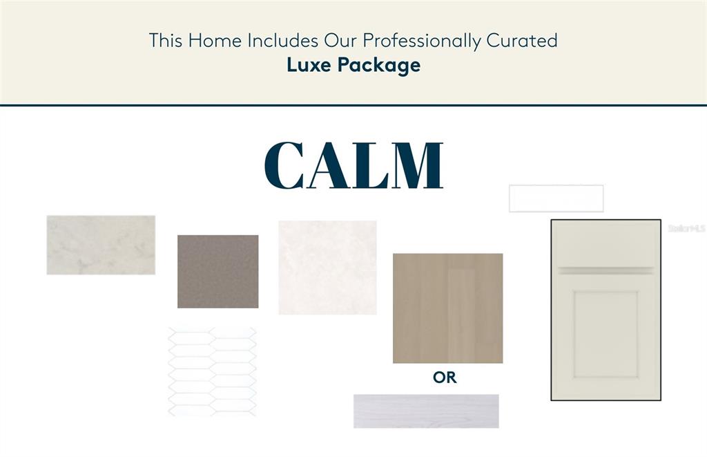 This graphic displays a design board for a home interior package featuring various material samples — 8545 SW 65TH STREET ROAD, OCALA, FL