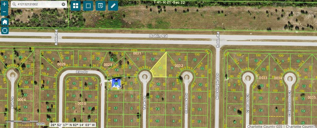 This is a map showing a highlighted vacant residential lot in a suburban neighborhood — 32 TEAK LANE, PLACIDA, FL