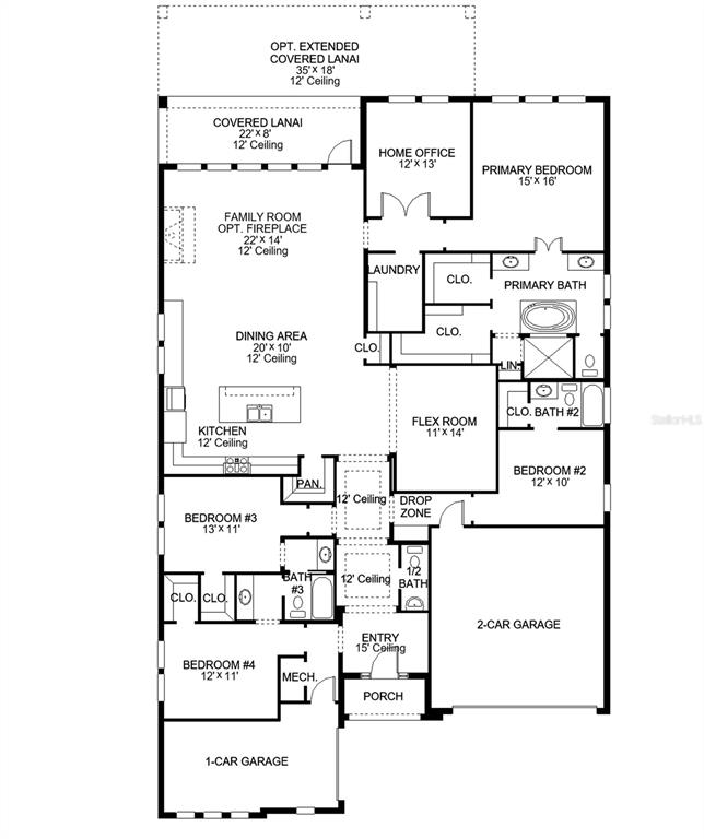 This floor plan shows a single-story home with four bedrooms, a home office, and two garages — 3723 COUNTRY VIEW COURT, BRADENTON, FL