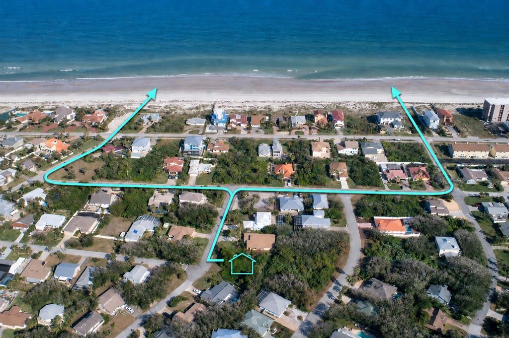 An aerial view shows a residential neighborhood with a highlighted property and beach access path — 67 ALBERTA AVENUE, PONCE INLET, FL