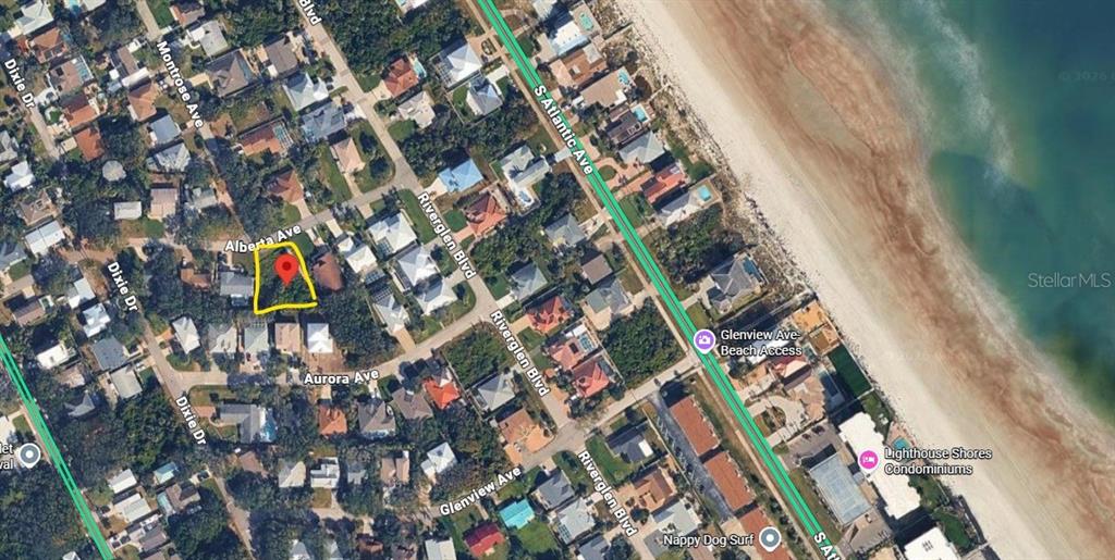 This is an aerial map view of a residential neighborhood near the beach — 67 ALBERTA AVENUE, PONCE INLET, FL