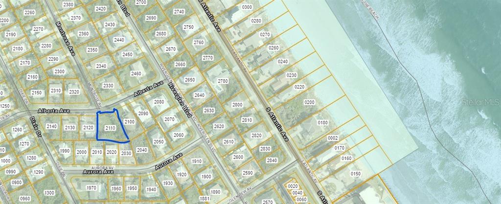 This is a map showing property parcel lines and street names in a coastal area — 67 ALBERTA AVENUE, PONCE INLET, FL