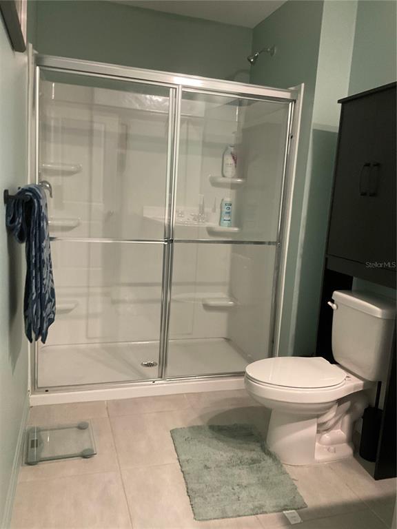 A bathroom features a glass-enclosed shower, a white toilet, and a black storage cabinet — 7633 WATERSCAPE DRIVE, GROVELAND, FL