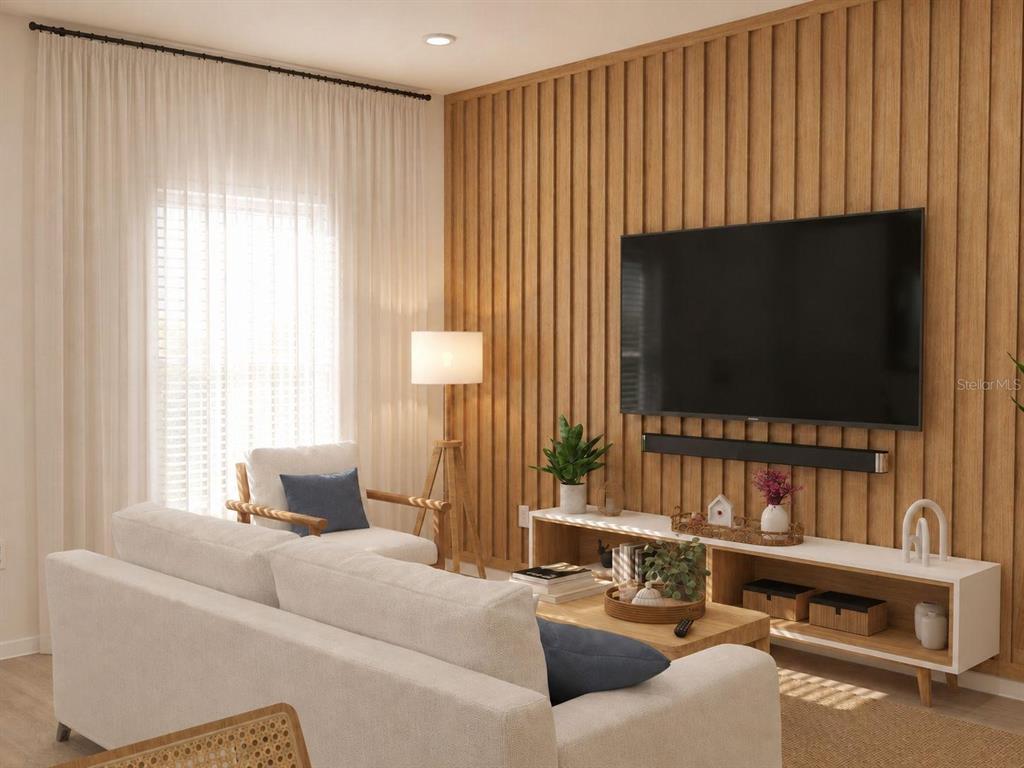 This is a rendering of a living room featuring a slatted wood accent wall — 135 TESSIE LANE, SANFORD, FL