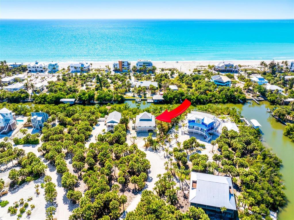 An aerial view shows a house with a red arrow pointing toward its roof — 51 PALM DRIVE, PLACIDA, FL