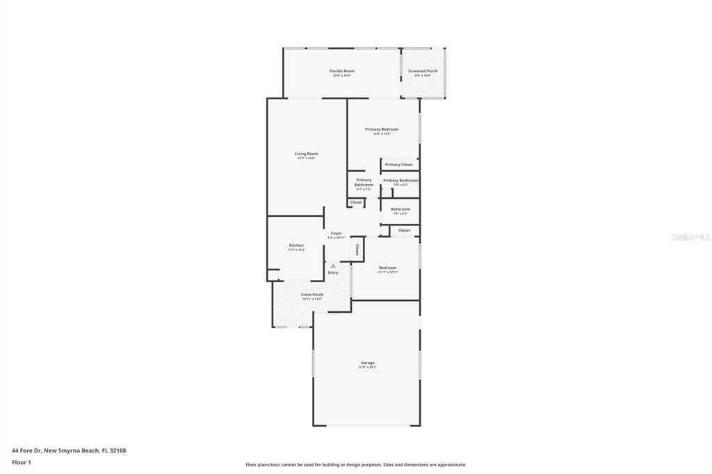 This is a floor plan for a single-story house with a garage and two bedrooms — 44 FORE DRIVE, NEW SMYRNA BEACH, FL