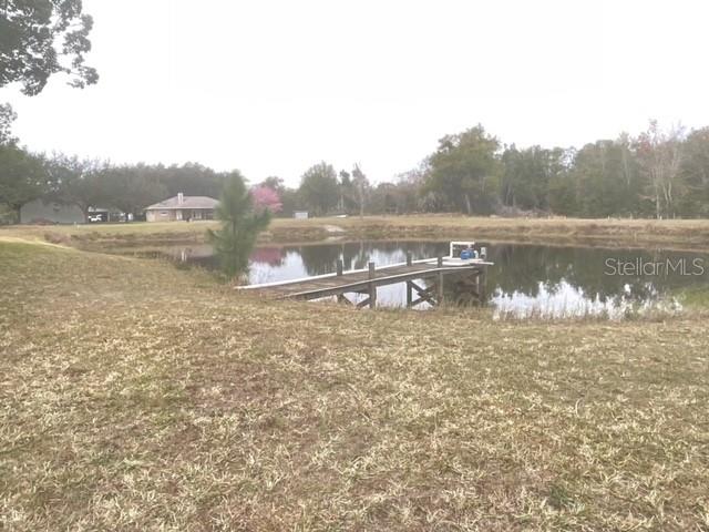 A wooden dock extends into a small pond on a grassy residential property — 32420 COUNTY ROAD 473, LEESBURG, FL