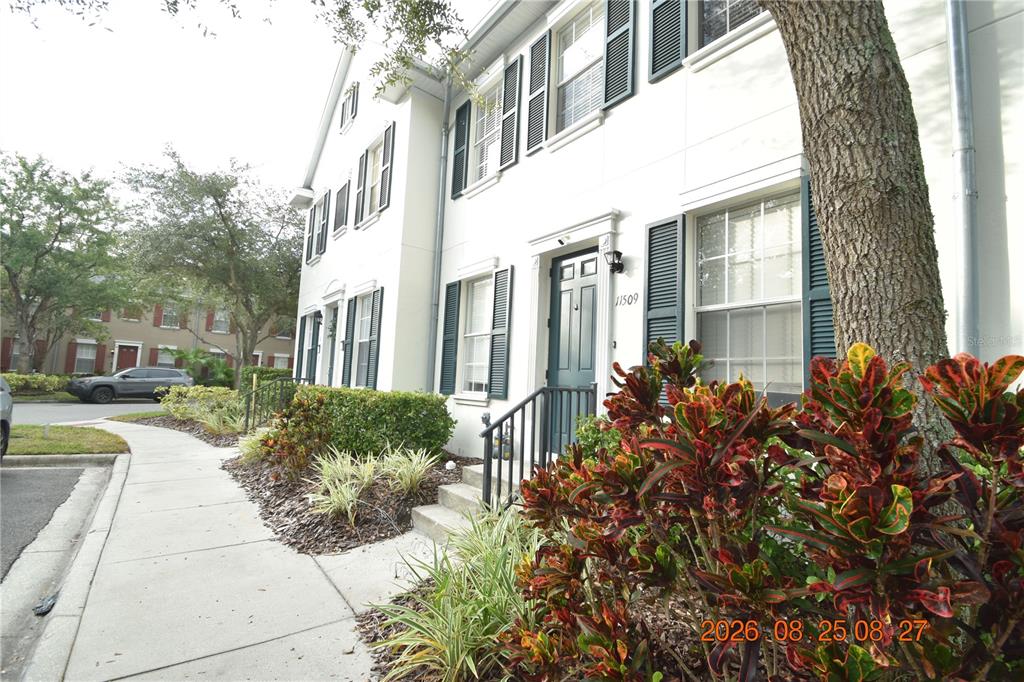 A white townhouse exterior features dark shutters, a front door numbered 11509, and landscaping — 11509 FOUNTAINHEAD DRIVE, TAMPA, FL