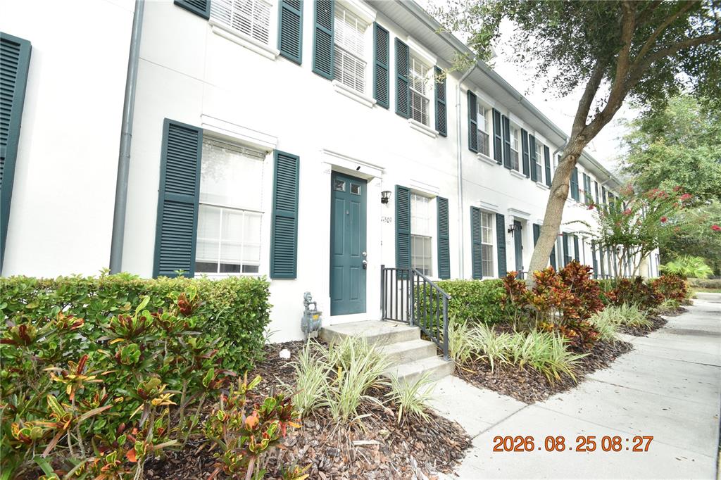 A white townhouse exterior features dark green shutters, a teal front door, and landscaped bushes — 11509 FOUNTAINHEAD DRIVE, TAMPA, FL