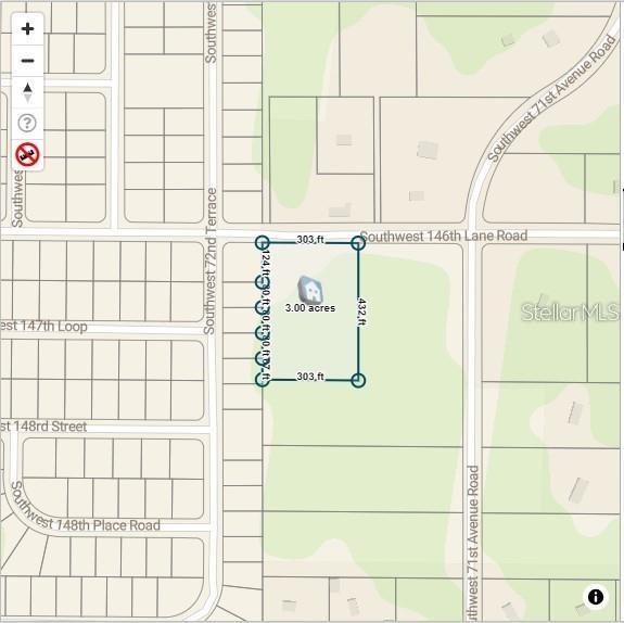 This map shows a rectangular 3.00-acre property lot outlined in blue with its dimensions — 0000 SW 71 AVENUE, OCALA, FL