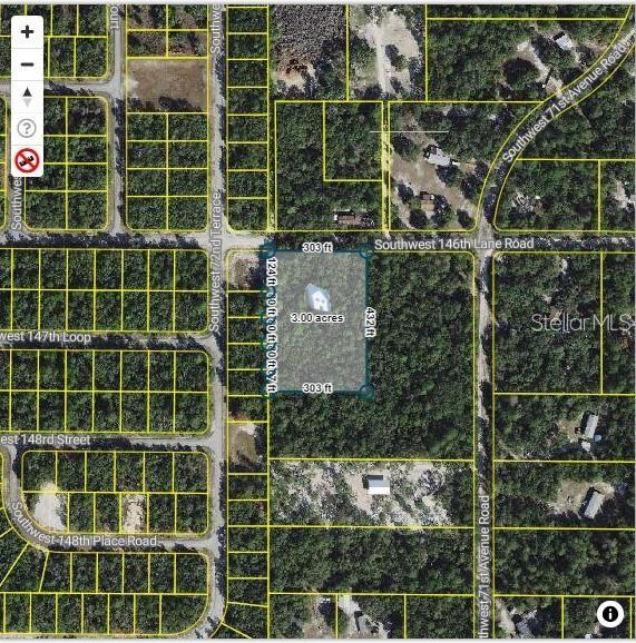 This is a satellite map showing a rectangular three-acre parcel of land highlighted in blue — 0000 SW 71 AVENUE, OCALA, FL