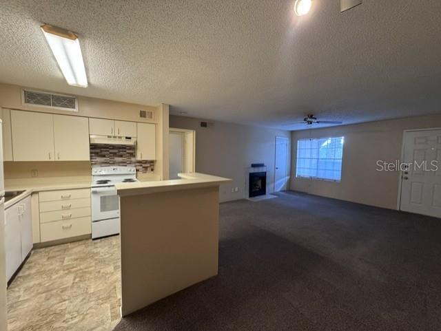 An open-concept kitchen with light-colored cabinets overlooks a carpeted living area with a fireplace — 320 FORESTWAY CIRCLE UNIT 203, ALTAMONTE SPRINGS, FL