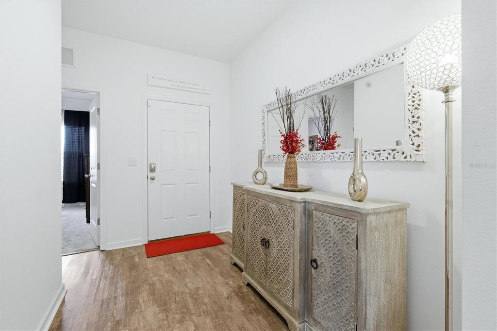 An entryway features a white door, wood-look flooring, a decorative console table, and a large mirror — 1121 ANCHOR BEND DRIVE, RUSKIN, FL