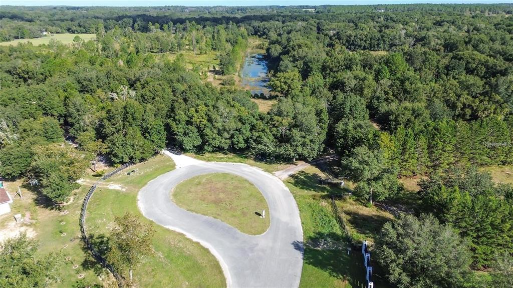 An aerial view shows a paved cul-de-sac surrounded by dense trees and a small pond — TREE FROG LOT 6 LANE, EUSTIS, FL