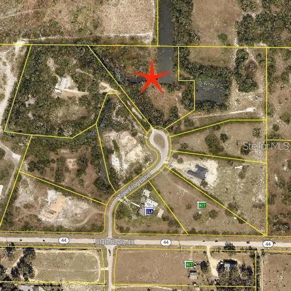 This is an aerial map showing land parcels and a cul-de-sac near a highway — TREE FROG LOT 6 LANE, EUSTIS, FL