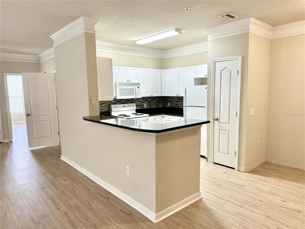 A kitchen features white cabinets, black countertops, a tiled backsplash, and light wood-look flooring — 8842 VILLA VIEW CIRCLE UNIT 307, ORLANDO, FL