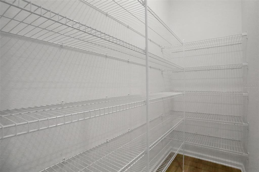 A walk-in pantry features white wire shelving units installed against the walls — 2254 BRANNINGS SAWMILL COURT, MIDDLEBURG, FL