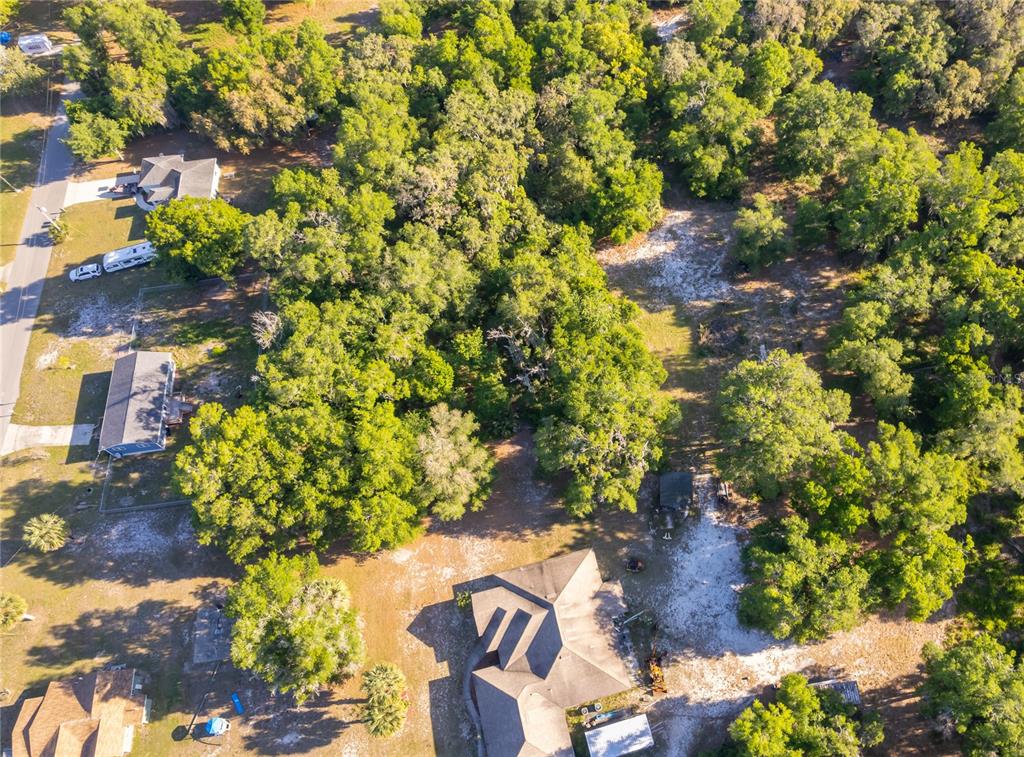 An aerial view shows a residential property with a house, trees, and sandy ground — 38638 MARSHALL STREET, UMATILLA, FL