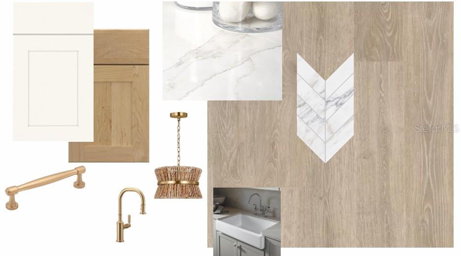This is a digital design board showing kitchen cabinetry, countertop, flooring, and fixture finish samples — 3301 W CORONA STREET, TAMPA, FL