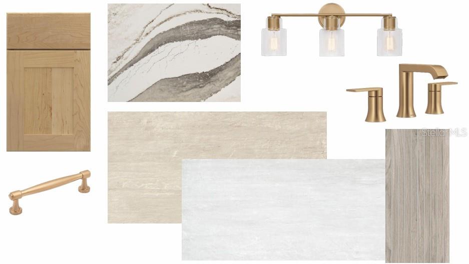 This design board displays wood cabinetry, quartz countertops, gold fixtures, and various tile flooring samples — 3301 W CORONA STREET, TAMPA, FL