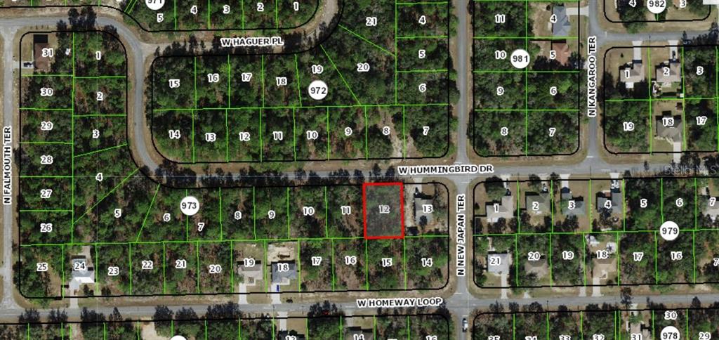 This is a satellite map showing a highlighted residential lot in a suburban neighborhood — 686 W HUMMINGBIRD DRIVE, CITRUS SPRINGS, FL