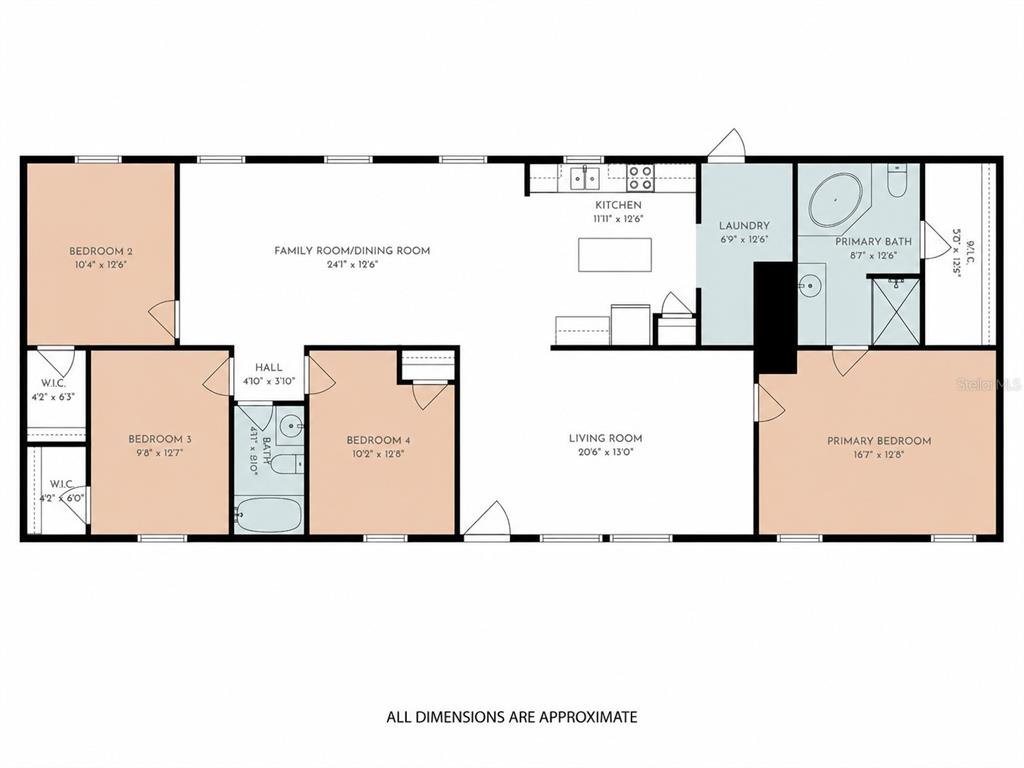 This is a floor plan for a four-bedroom, two-bathroom home with an open living area — 10055 W OHIO DRIVE, CRYSTAL RIVER, FL