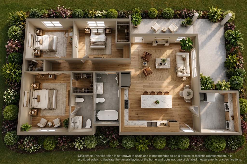 A 3D floor plan rendering showing a three-bedroom home with an open-concept living area — 786 E WARREN AVENUE, LONGWOOD, FL
