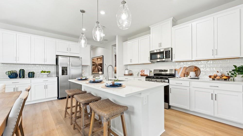 A modern kitchen features white cabinetry, a central island with bar stools, and stainless appliances — 26084 ARBOR CIRCLE, PUNTA GORDA, FL